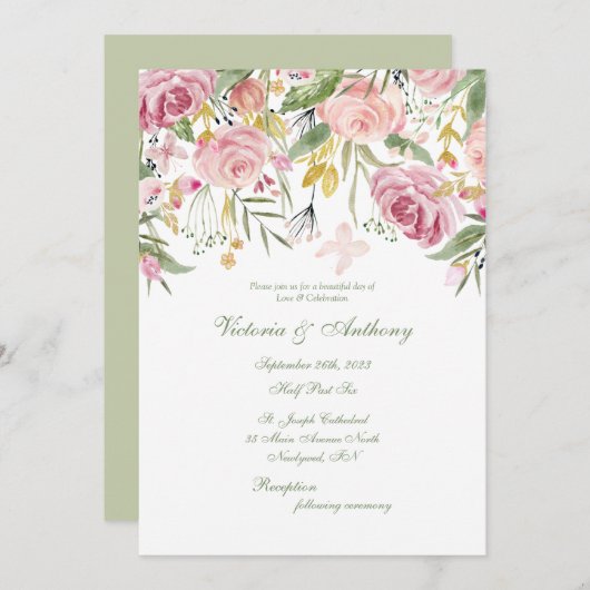 Elegant Sage Green Floral Script Wedding Kaart (Voorkant / Achterkant)