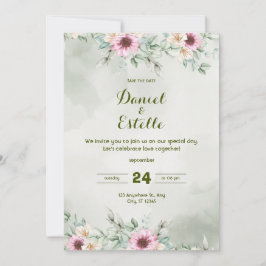 Elegant Sage Green Floral Watercolor Wedding Invi Kaart