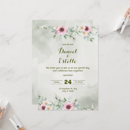 Elegant Sage Green Floral Watercolor Wedding Invi Kaart (Voorkant / Achterkant in situ)