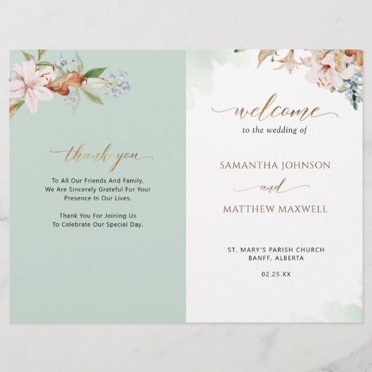 Elegant Sage Green Floral Wedding Ceremony Program (Voorkant)