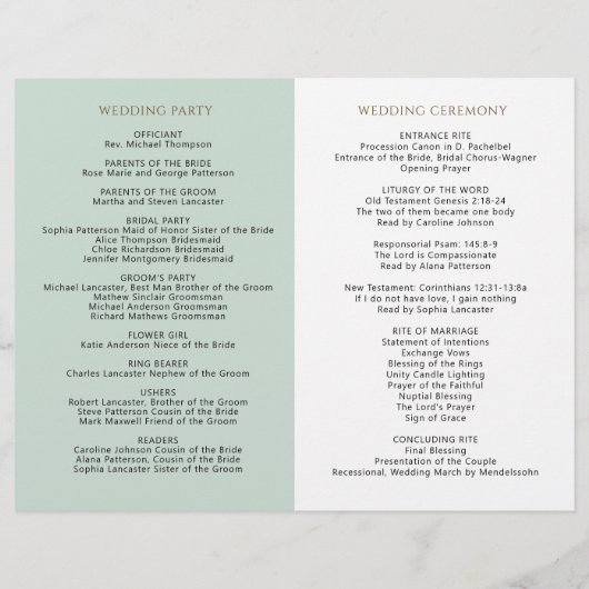 Elegant Sage Green Floral Wedding Ceremony Program (Achterkant)