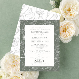 Elegant Sage Green Floral Wedding Rehearsal Dinner Kaart