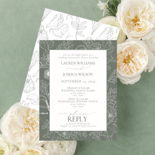 Elegant Sage Green Floral Wedding Rehearsal Dinner Kaart
