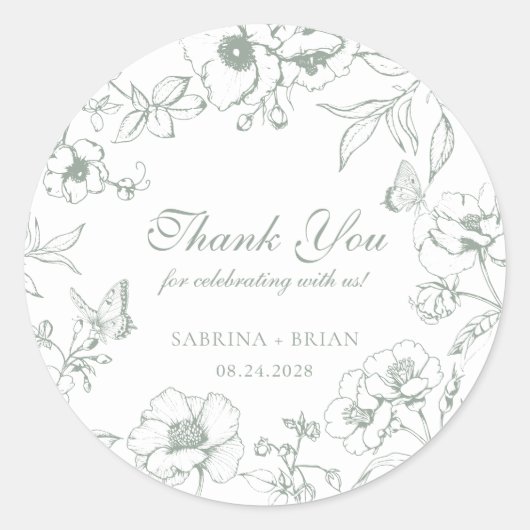 Elegant Sage Green Floral Wedding Thank You Ronde Sticker (Voorkant)