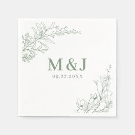 Elegant Sage Green Floral Wreath Monogram Wedding Servet