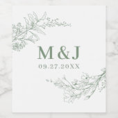 Elegant Sage Green Floral Wreath Monogram Wedding Wijn Etiket (Enkel label)