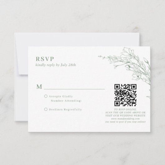 Elegant Sage Green Floral Wreath QR Code Wedding RSVP Kaartje (Voorkant)