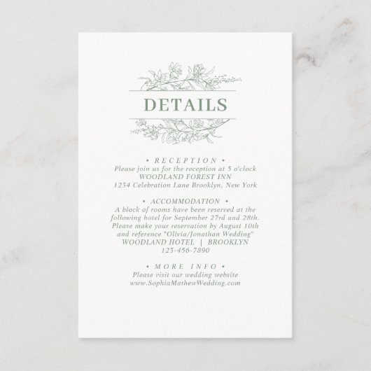 Elegant Sage Green Floral Wreath Wedding Details Informatiekaartje (Voorkant)
