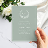 Elegant Sage Green Floral Wreator Monogram Wedding Kaart
