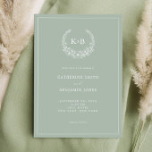 Elegant Sage Green Floral Wreator Monogram Wedding Kaart