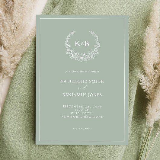 Elegant Sage Green Floral Wreator Monogram Wedding Kaart