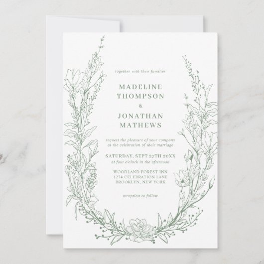 Elegant Sage Green Floral Wreator Monogram Wedding Kaart (Voorkant)