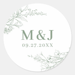 Elegant Sage Green Floral Wreator Monogram Wedding Ronde Sticker