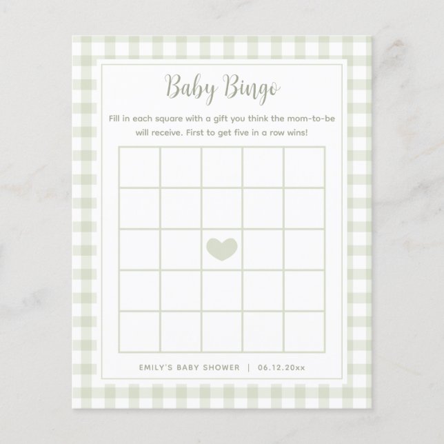 Elegant Sage Green Gingham Baby shower Bingo spel (Voorkant)