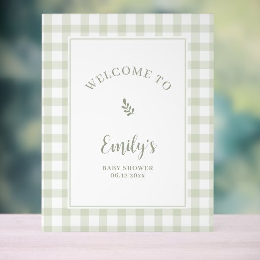 Elegant Sage Green Gingham Baby Shower Welcome Acryl Bord (Neutraal)