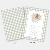 Elegant Sage Green Gingham Bow Photo Girl Baptism Kaart