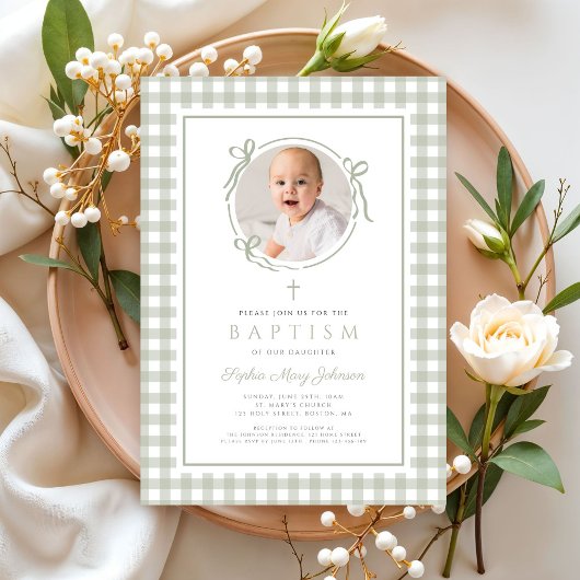 Elegant Sage Green Gingham Bow Photo Girl Baptism Kaart