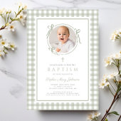Elegant Sage Green Gingham Bow Photo Girl Baptism Kaart