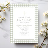 Elegant Sage Green Gingham Girl Baptism Kaart