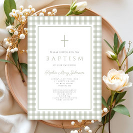 Elegant Sage Green Gingham Girl Baptism Kaart