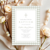 Elegant Sage Green Gingham Girl Baptism Kaart