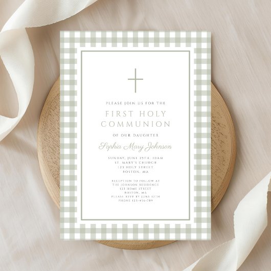 Elegant Sage Green Gingham Girl First Communion Kaart