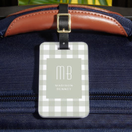 Elegant Sage Green Gingham Monogram Bagagelabel