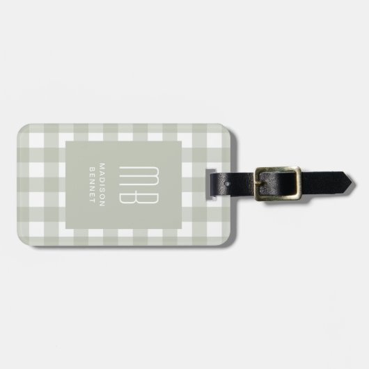 Elegant Sage Green Gingham Monogram Bagagelabel (Voorkant horizontaal)