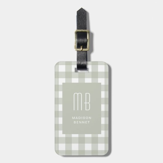 Elegant Sage Green Gingham Monogram Bagagelabel (Voorkant verticaal)