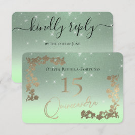 Elegant Sage Green Glitter Chic Floral Quinceanera RSVP Kaartje