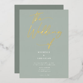 Elegant Sage Green Gold Calligraphy Script Weduwen Folie Uitnodiging