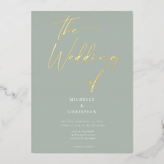 Elegant Sage Green Gold Calligraphy Script Weduwen Folie Uitnodiging (Voorkant)