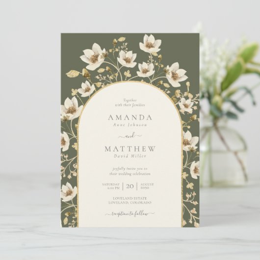 Elegant Sage Green Gold Floral Wedding Invitation Kaart (Staand voorkant)