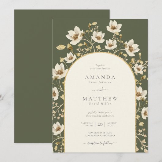 Elegant Sage Green Gold Floral Wedding Invitation Kaart (Voorkant / Achterkant)
