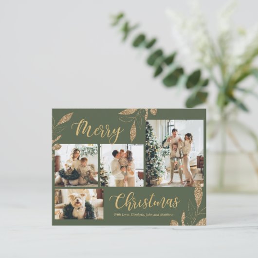 Elegant Sage Green Gold Photo Collage Kerstmis Briefkaart (Staand voorkant)