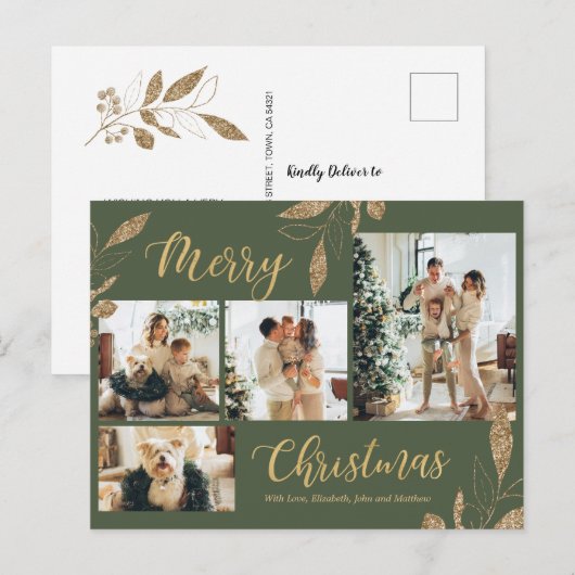 Elegant Sage Green Gold Photo Collage Kerstmis Briefkaart (Voorkant / Achterkant)