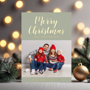 Elegant Sage Green Gold Script-kerstfoto Folie Feestdagenkaart