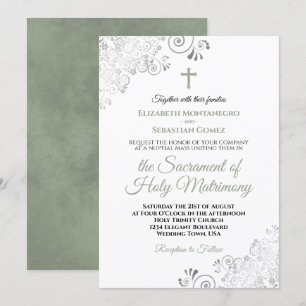 Elegant Sage Green & Gray Modern katholieke bruilo Kaart