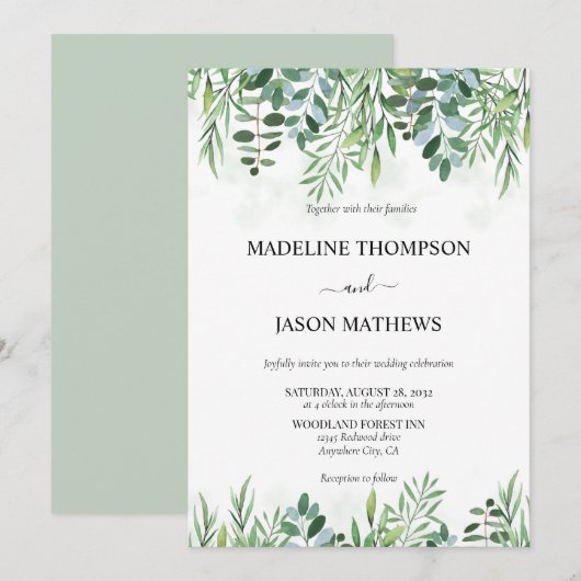 Elegant Sage Green Greenery Eucalyptus Wedding Kaart (Voorkant / Achterkant)