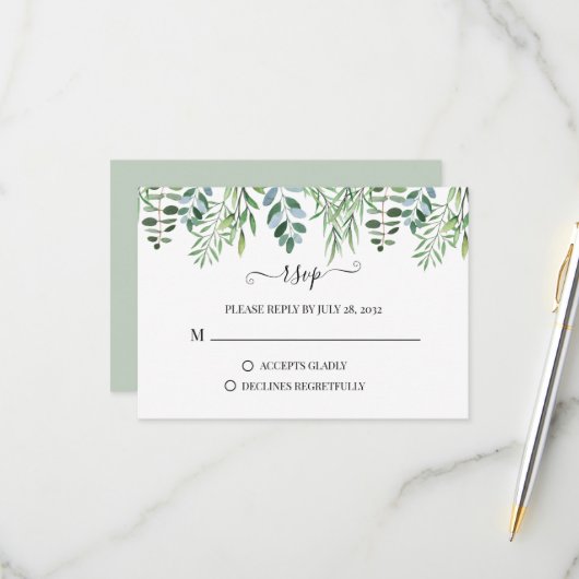 Elegant Sage Green Greenery Eucalyptus Wedding RSV RSVP Kaartje (Voorkant / Achterkant in situ)