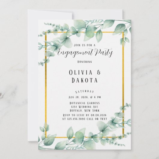 Elegant Sage Green Greenery Gold Engagement Party Kaart (Voorkant)