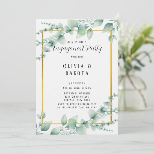 Elegant Sage Green Greenery Gold Engagement Party Kaart (Staand voorkant)