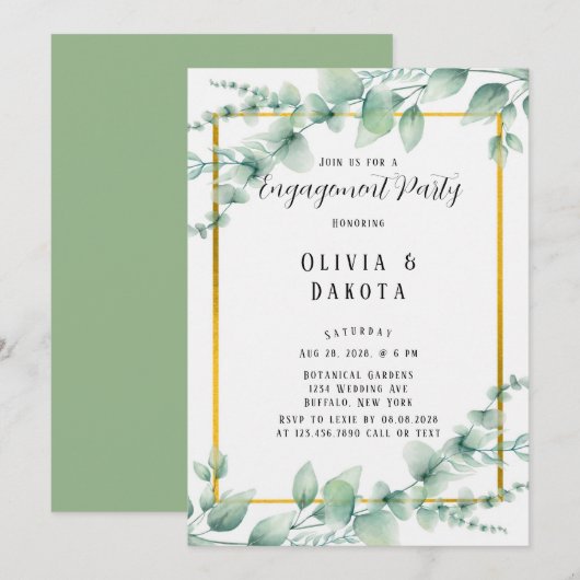 Elegant Sage Green Greenery Gold Engagement Party Kaart (Voorkant / Achterkant)