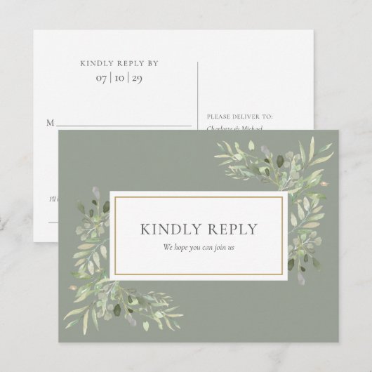 Elegant Sage Green Greenery Wedding RSVP Uitnodiging Briefkaart (Voorkant / Achterkant)