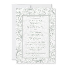 Elegant Sage Green Hand-Drawn Floral Wedding  Invi