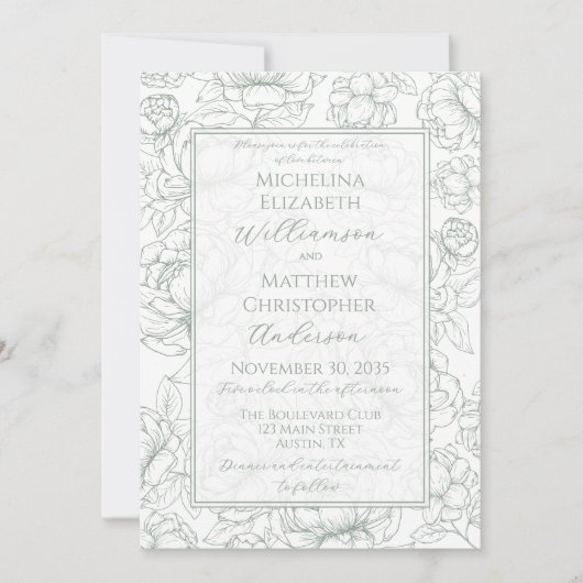 Elegant Sage Green Hand-Drawn Floral Wedding  Invi Kaart (Voorkant)