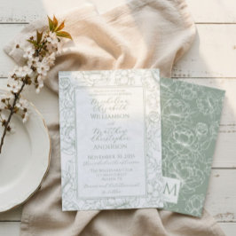 Elegant Sage Green Hand-Drawn Floral Wedding  Kaart