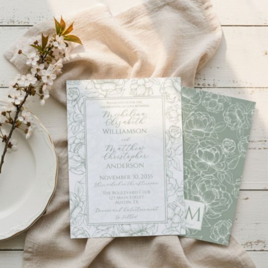 Elegant Sage Green Hand-Drawn Floral Wedding  Kaart
