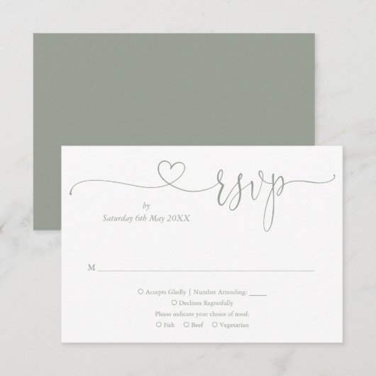 Elegant Sage Green Hart Lettertype RSVP Kaartje (Voorkant / Achterkant)