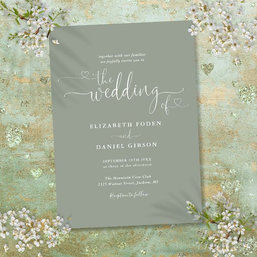 Elegant Sage Green Hearts Calligraphy Wedding Kaart